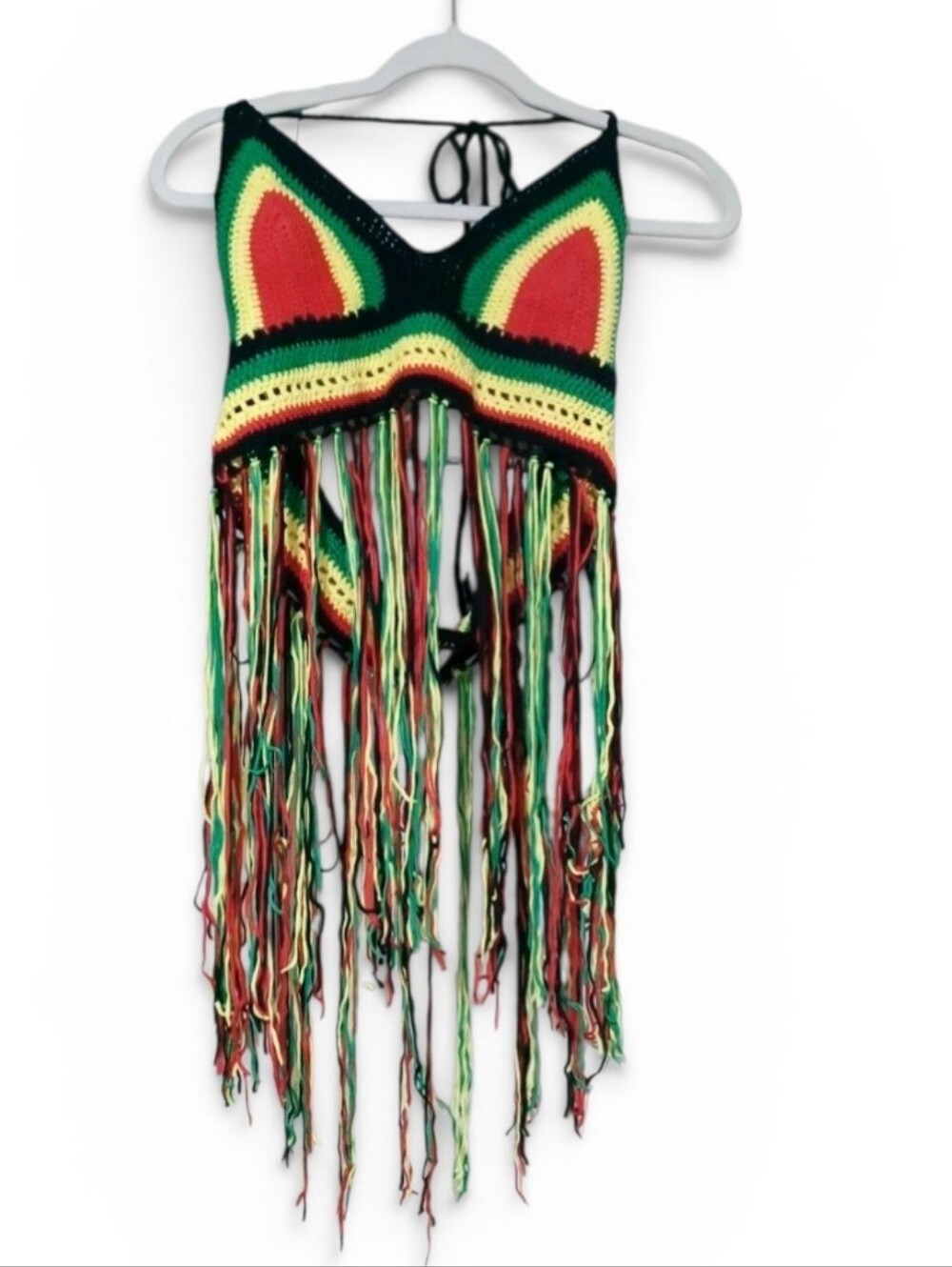 love J Multicolor Crochet Fringe Halter Crop Top Green,Yellow, Red, Black Size L